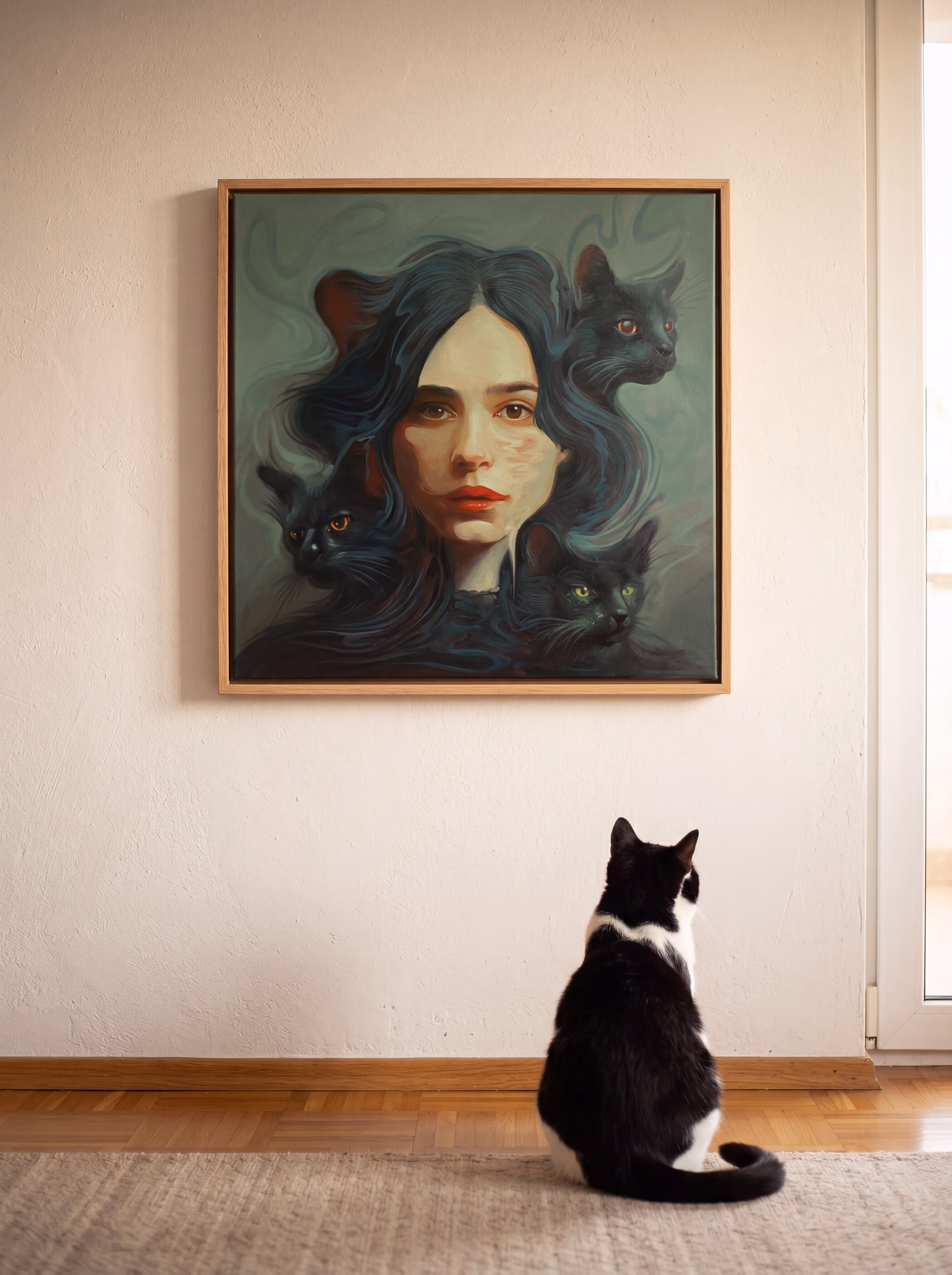 Oil painting 70x70cm — woman with cats