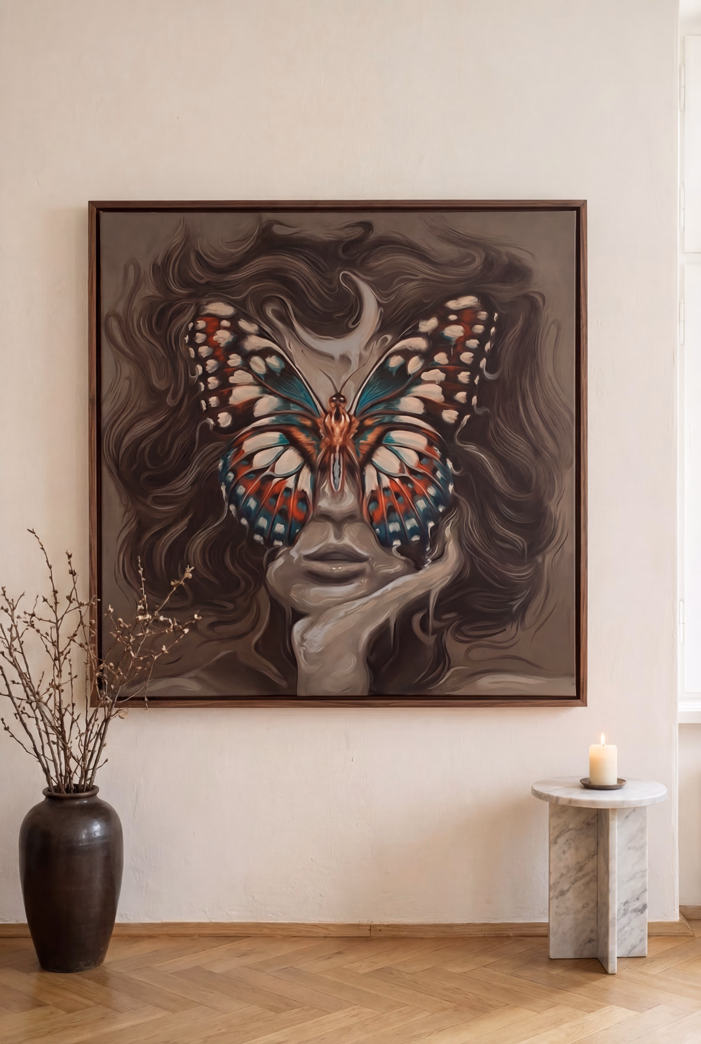 Oil painting 110x110cm — butterfly woman